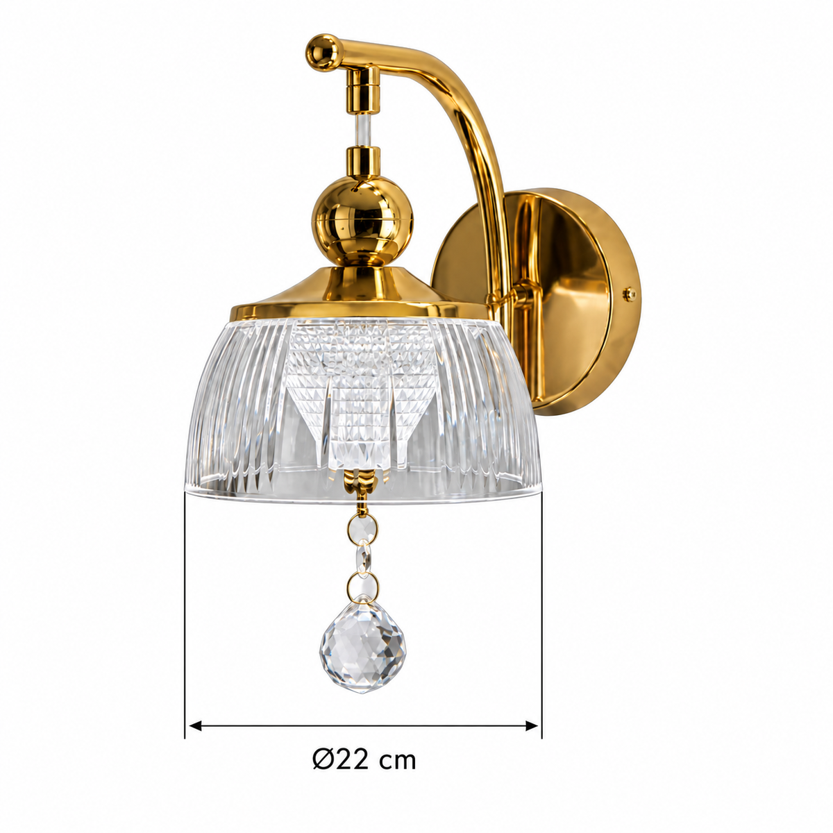 Fluted bell wall light showing 22 cm diameter across the lower rim of the hanging acrylic cup