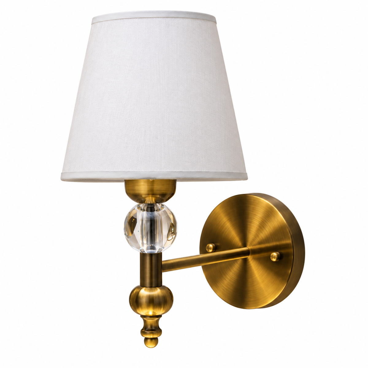 Faceted Orb Shade Wall Light with a white tapered shade, clear faceted orb and gold-tone stem, shown switched off against a white background