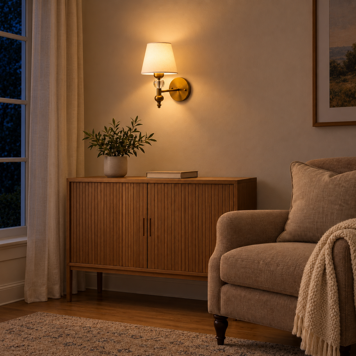Faceted Orb Shade Wall Light illuminated in a night-time interior