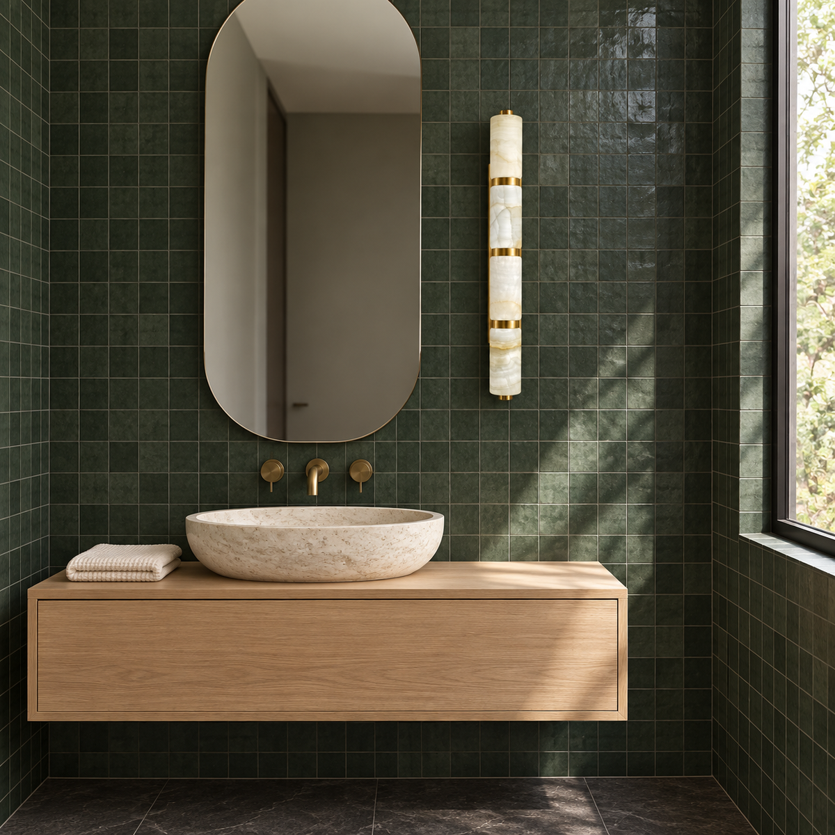 Four-Segment Marble Column Wall Light beside a mirror above a basin in daylight, switched off