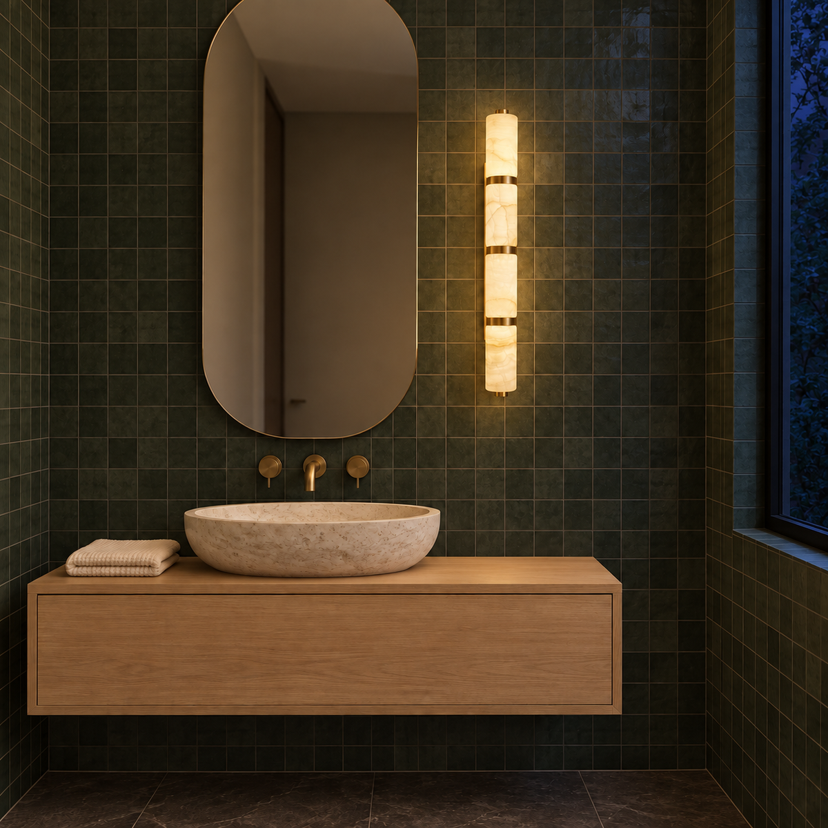 Four-Segment Marble Column Wall Light beside a mirror above a basin illuminated at night