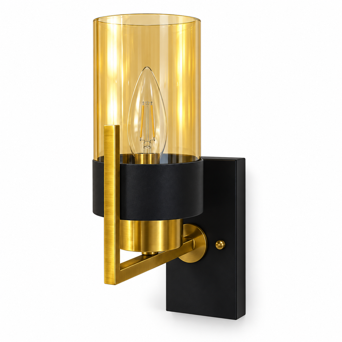 Amber cylindrical glass wall light with a black band, black backplate and gold-tone angled support, switched off against a white background