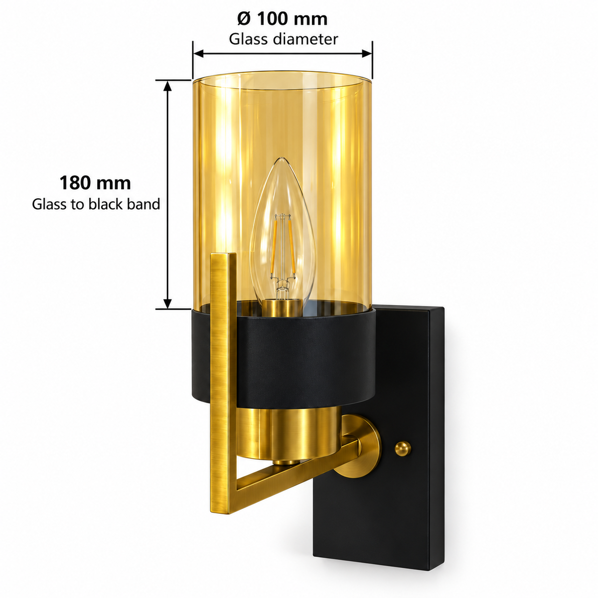 Amber cylinder wall light dimension guide showing glass diameter 100 mm and glass height 180 mm from top rim to upper black-band interface