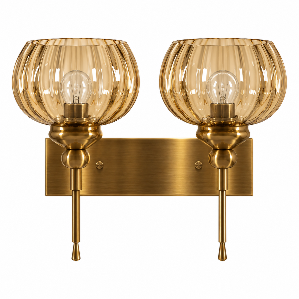 Twin ribbed amber glass globe wall light with gold-tone supports and a rectangular backplate, switched off against a white background