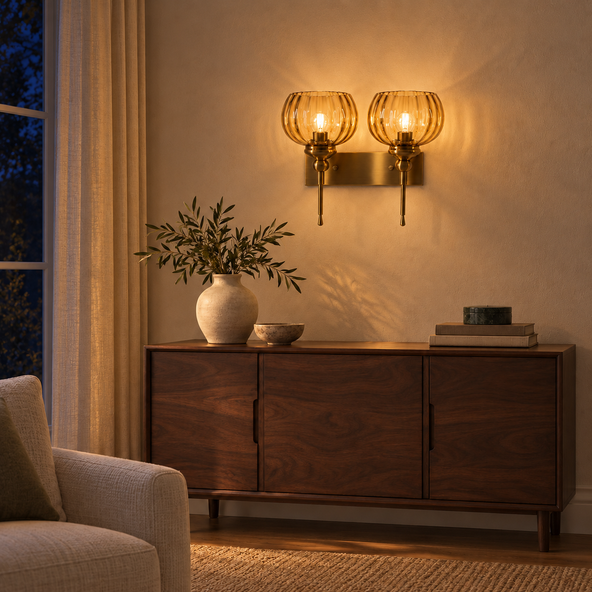 Twin Ribbed Amber Globe Wall Light above a wood sideboard in a seating area at night, illuminated