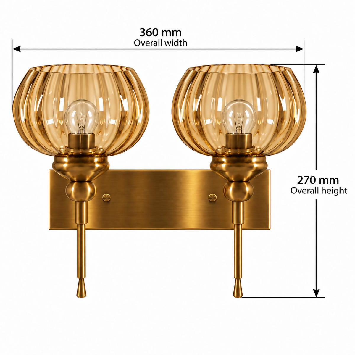 Twin ribbed amber globe wall light dimension guide showing overall width 360 mm and overall height 270 mm including the lower finials