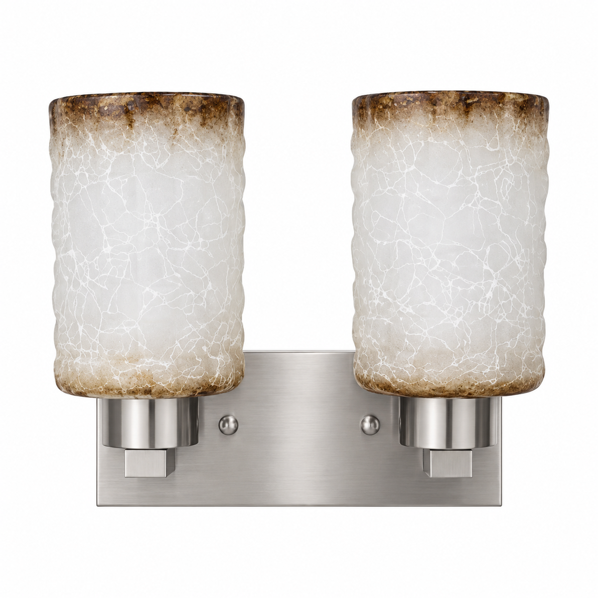 Twin off-white crackle-pattern shade wall light with mottled brown edges and satin-finish silver-tone supports, switched off against a white background