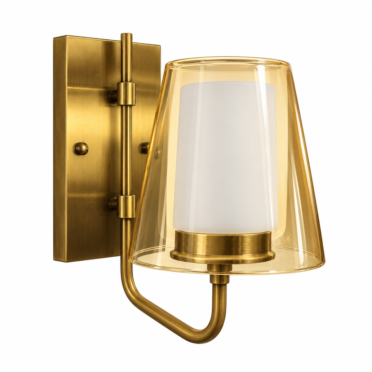 Tapered amber glass wall light with a white inner shade and gold-tone rectangular backplate, switched off against a white background