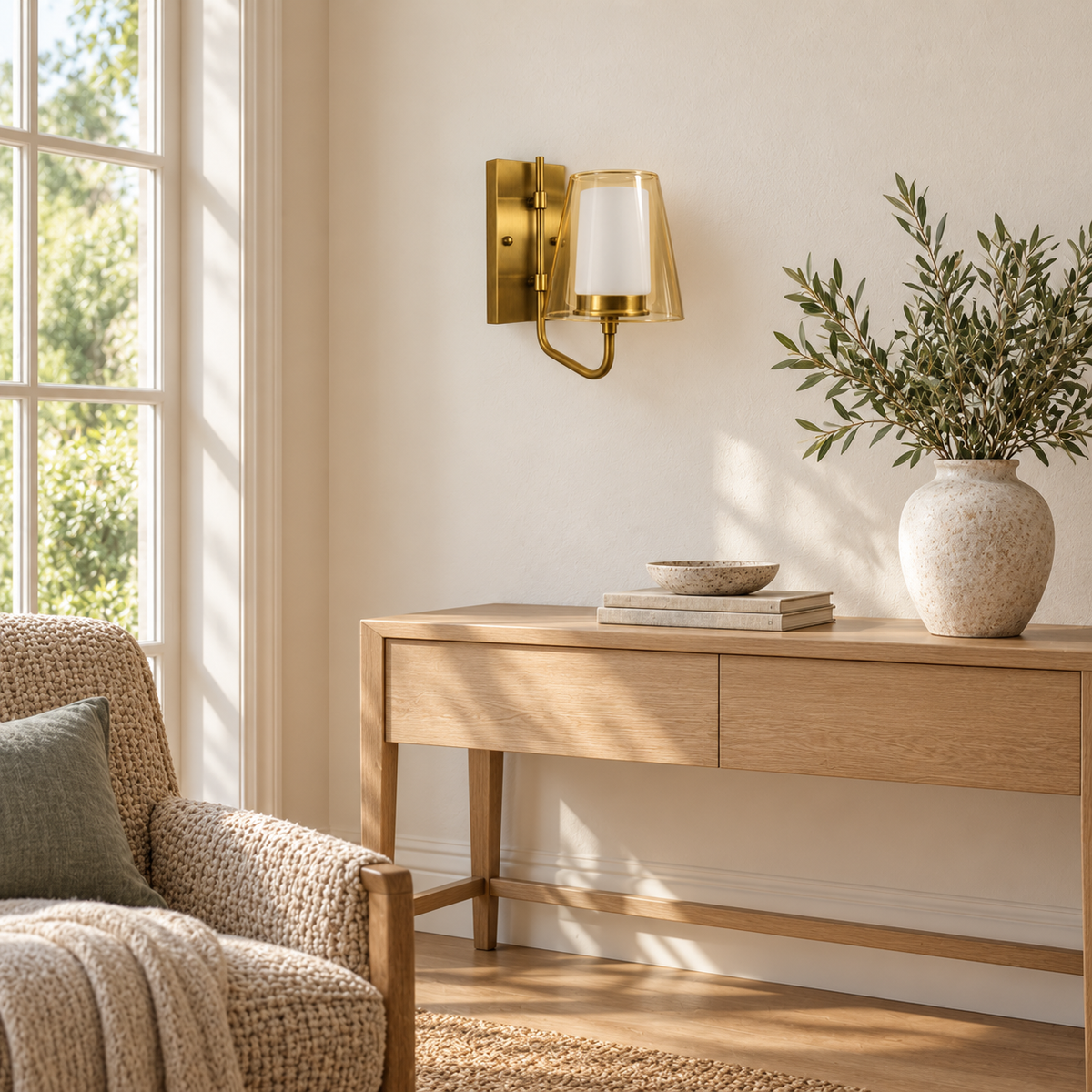 Layered Amber Tapered Glass Wall Light above a light wood console beside an upholstered chair in daylight, switched off