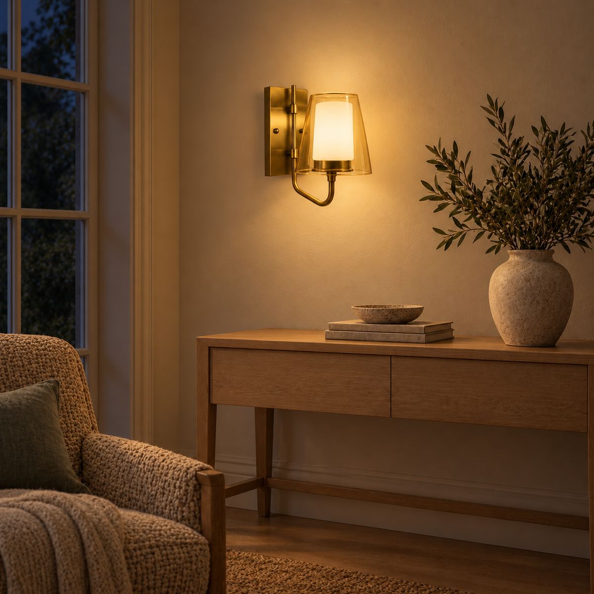 Layered Amber Tapered Glass Wall Light above a light wood console beside an upholstered chair at night, illuminated