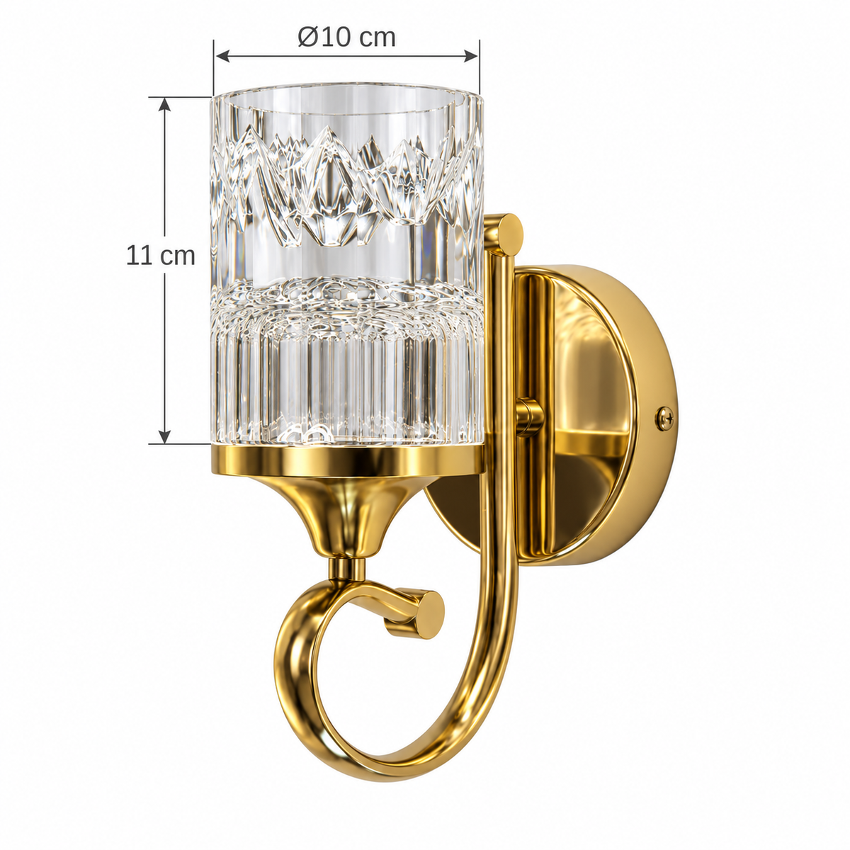Scroll arm acrylic wall light showing the acrylic cylinder only: 10 cm diameter and 11 cm height