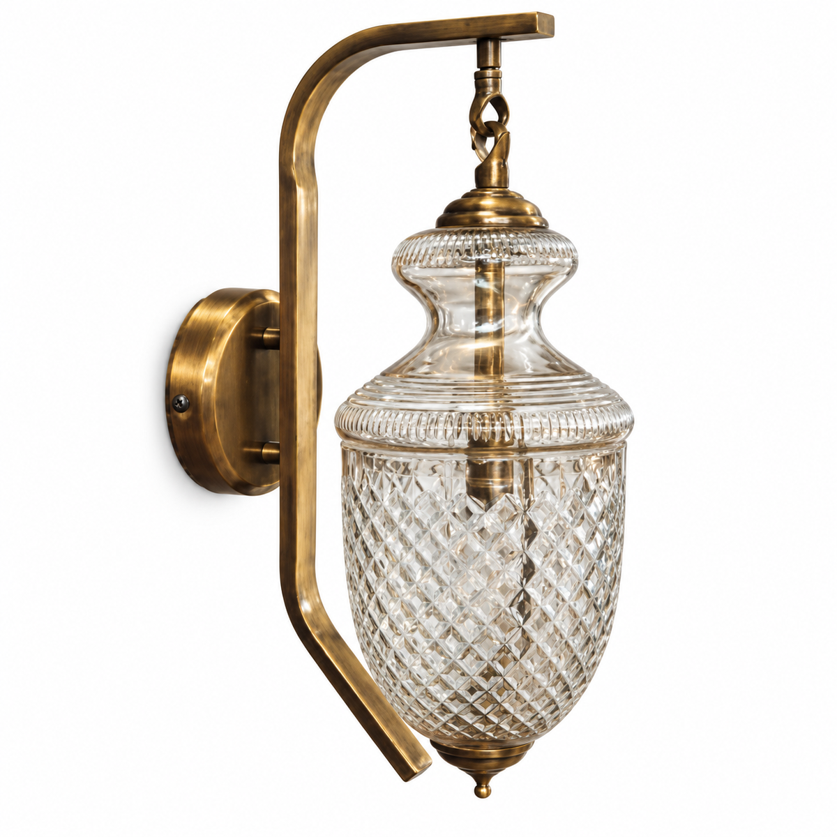 Suspended Cut Glass Urn Wall Light, switched off on a white studio background.