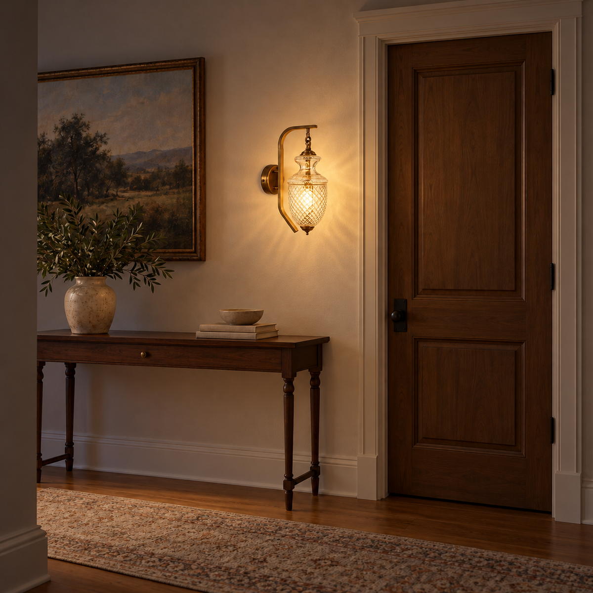 Suspended Cut Glass Urn Wall Light, illuminated in a nighttime interior setting.