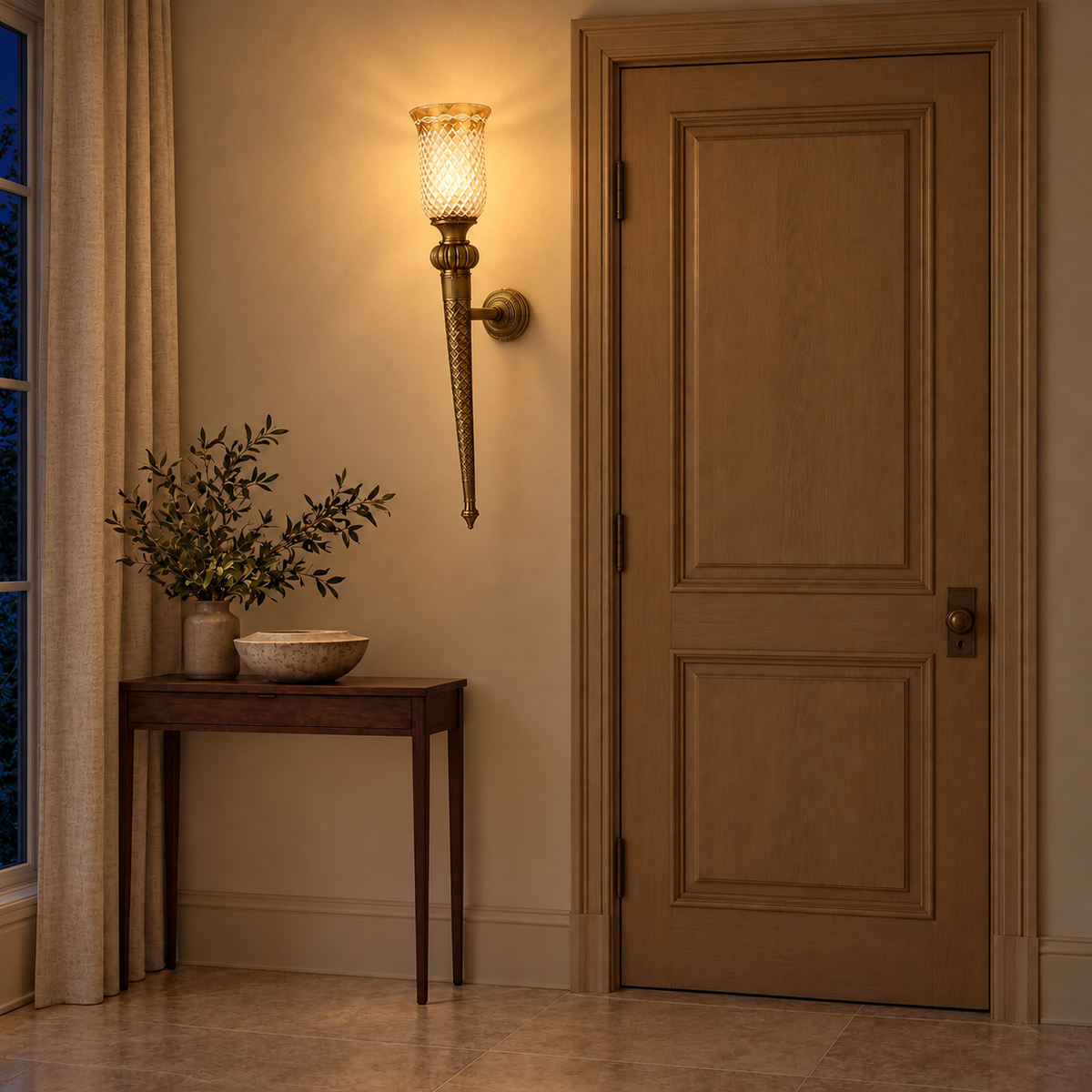 Engraved Brass Tall Torch Wall Light, illuminated in a nighttime interior setting.