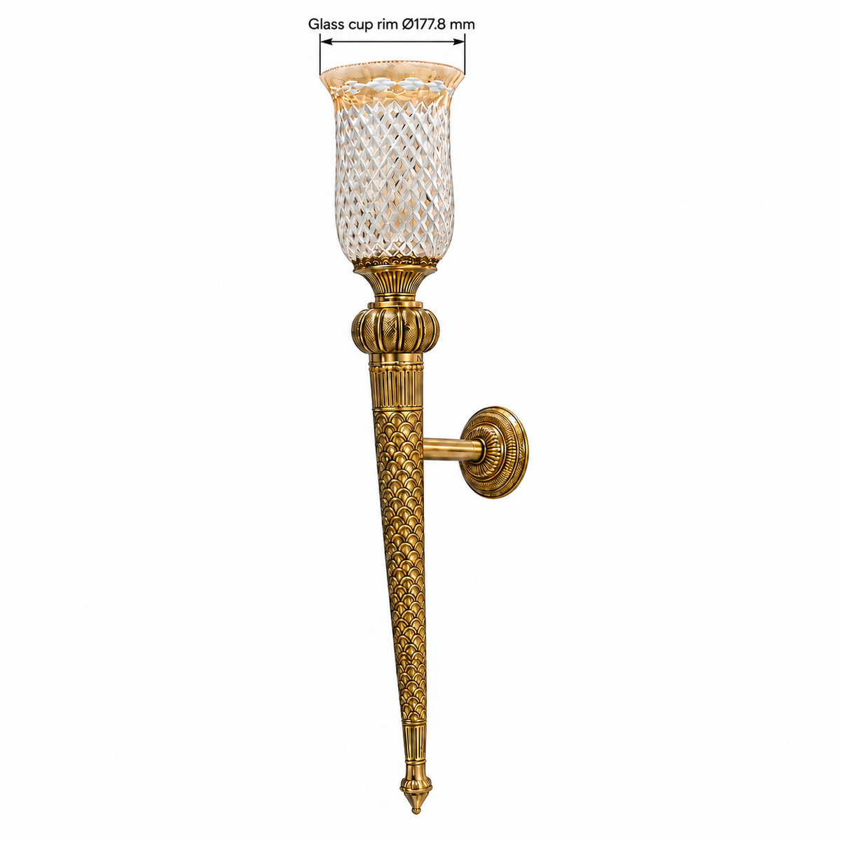 Engraved Brass Tall Torch Wall Light dimension diagram showing glass cup rim diameter 177.8 mm.