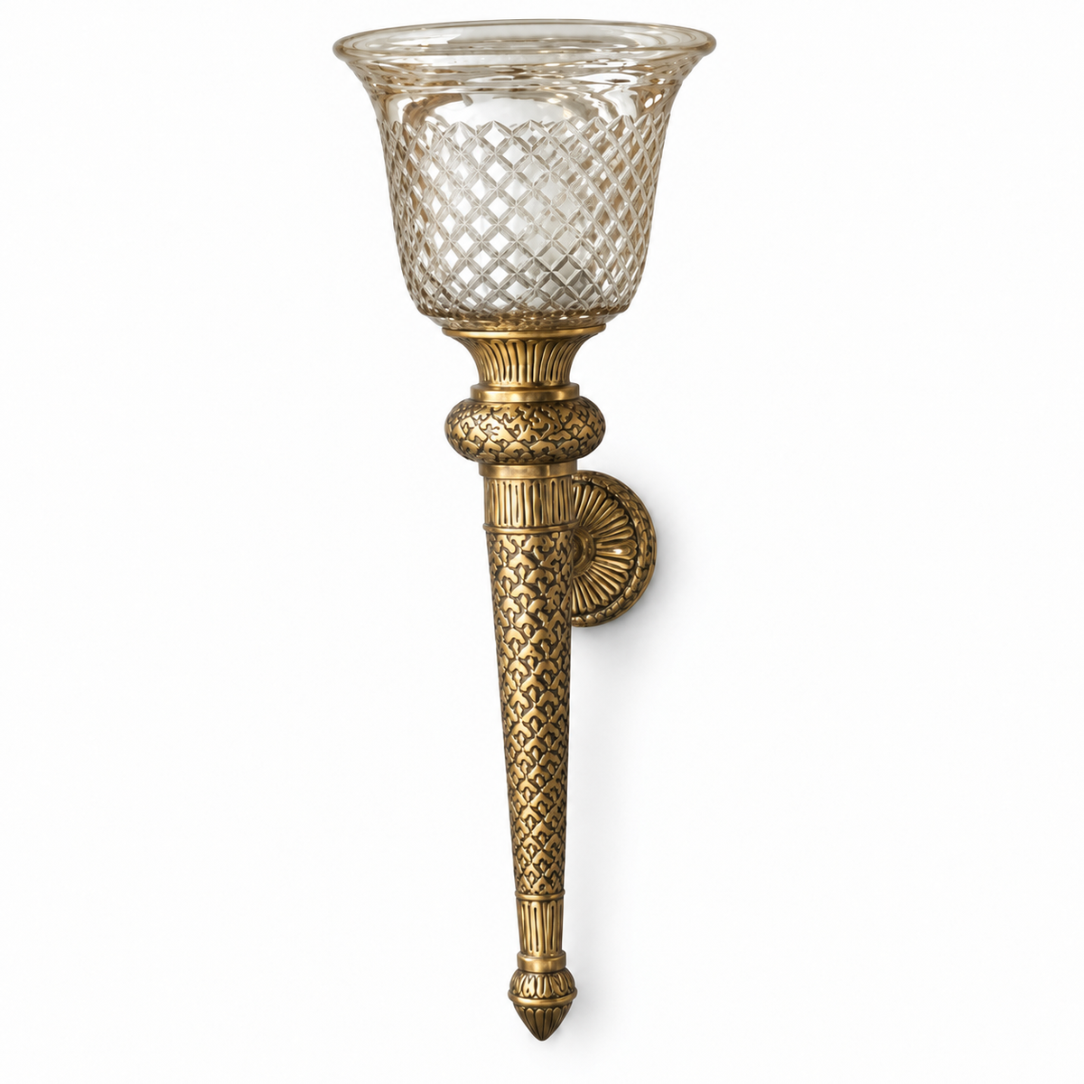 Diamond Cup Brass Torch Wall Light, switched off on a white studio background.