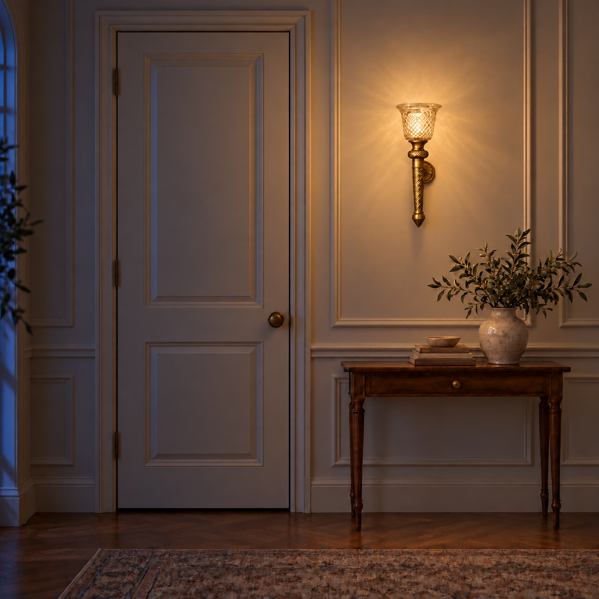 Diamond Cup Brass Torch Wall Light, illuminated in a nighttime interior setting.