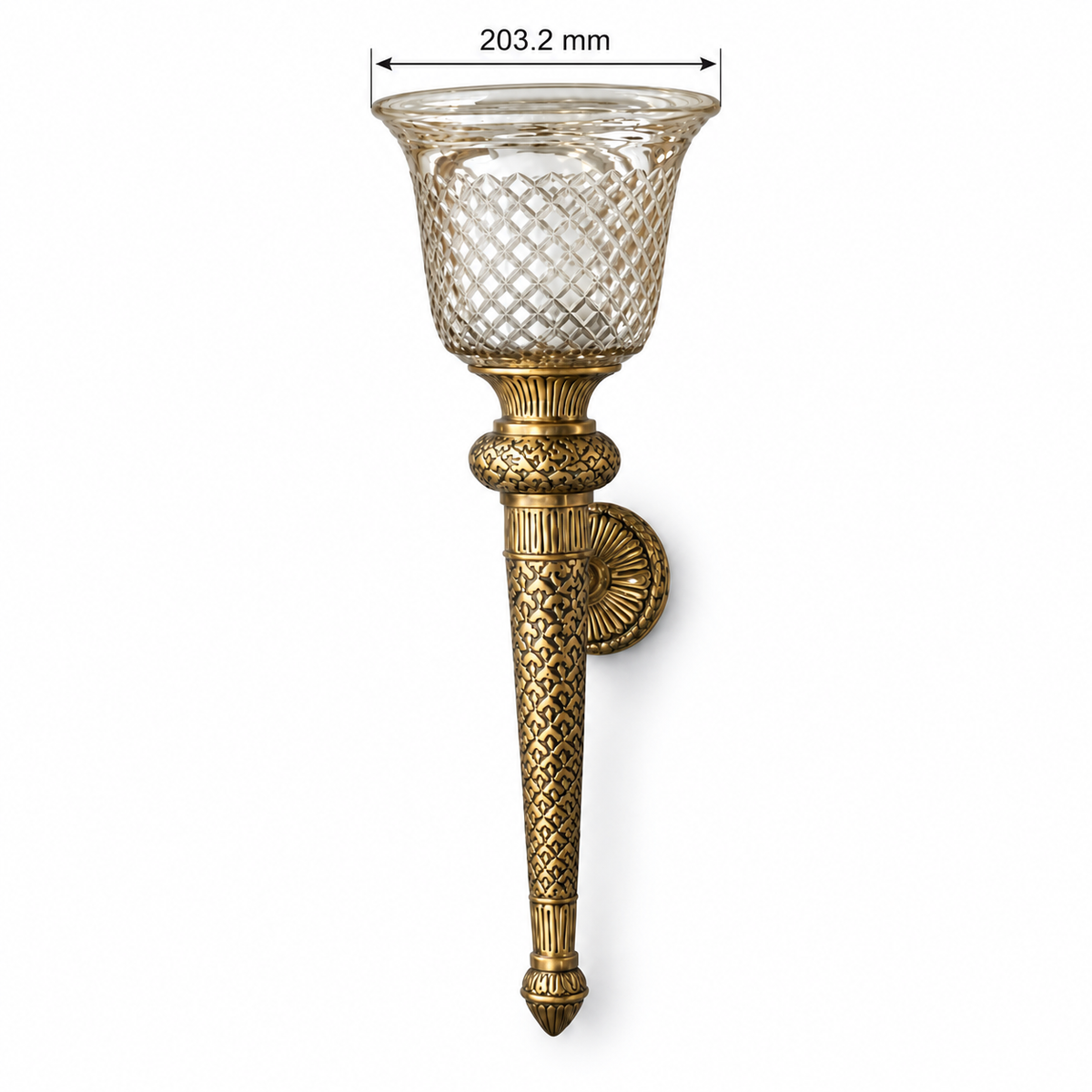 Diamond Cup Brass Torch Wall Light dimension diagram showing glass cup rim diameter 203.2 mm.