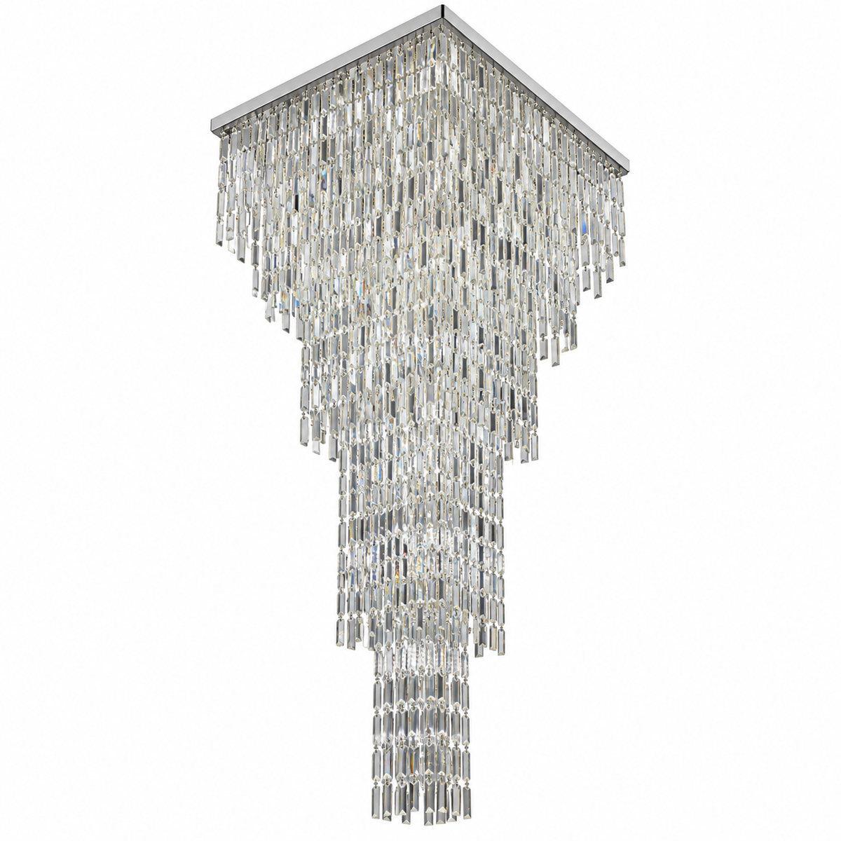 Studio view of AN-OP-60x180, square-plate crystal cascade chandelier.