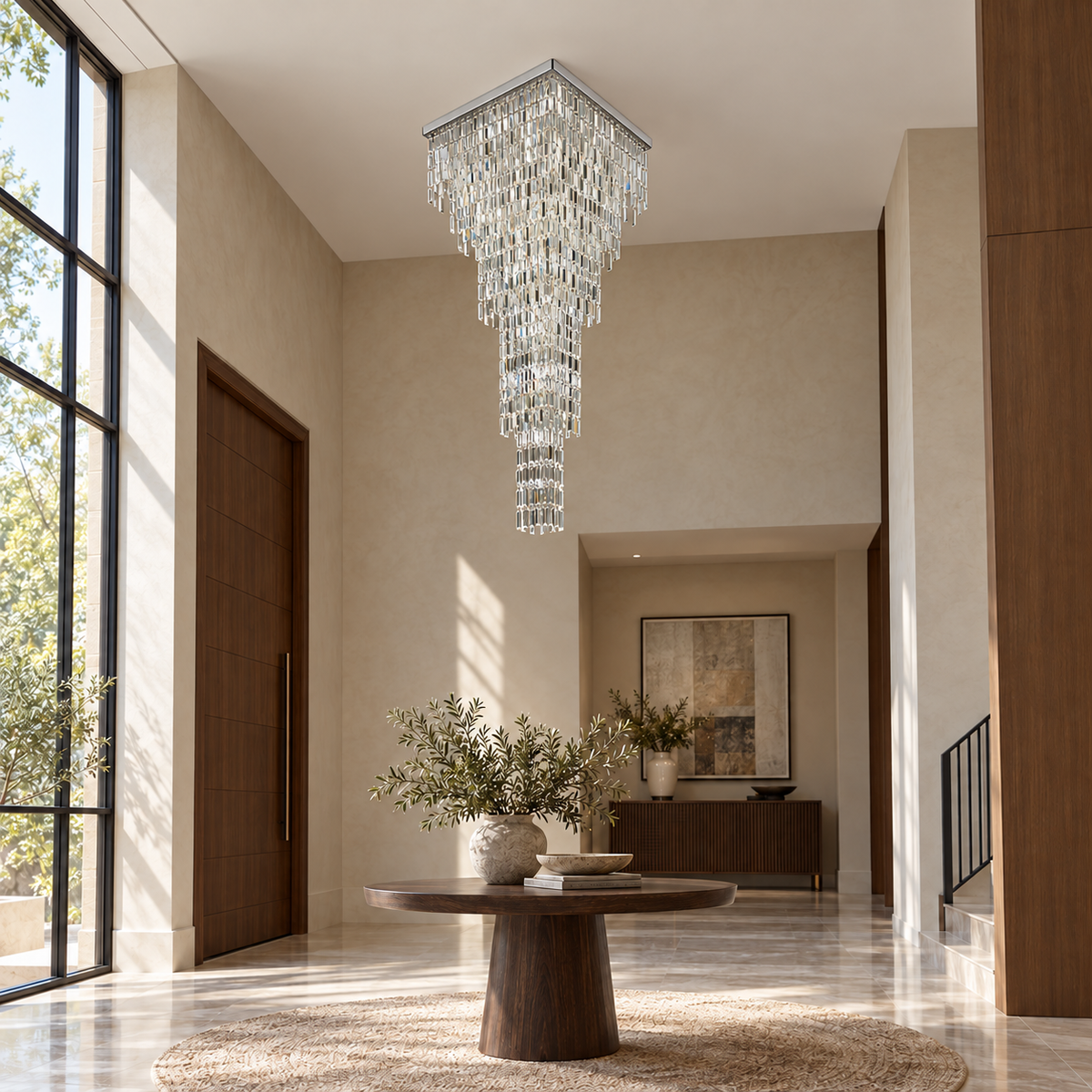 AN-OP-60x180 square-plate crystal cascade chandelier in a daylight interior.