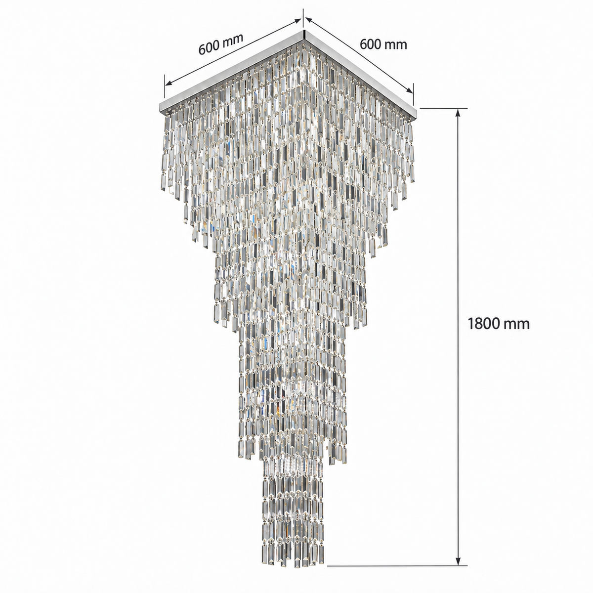 AN-OP-60x180 dimension view: Square ceiling plate: 600 × 600 mm; Ceiling plate-to-lowest-crystal drop: 1800 mm.