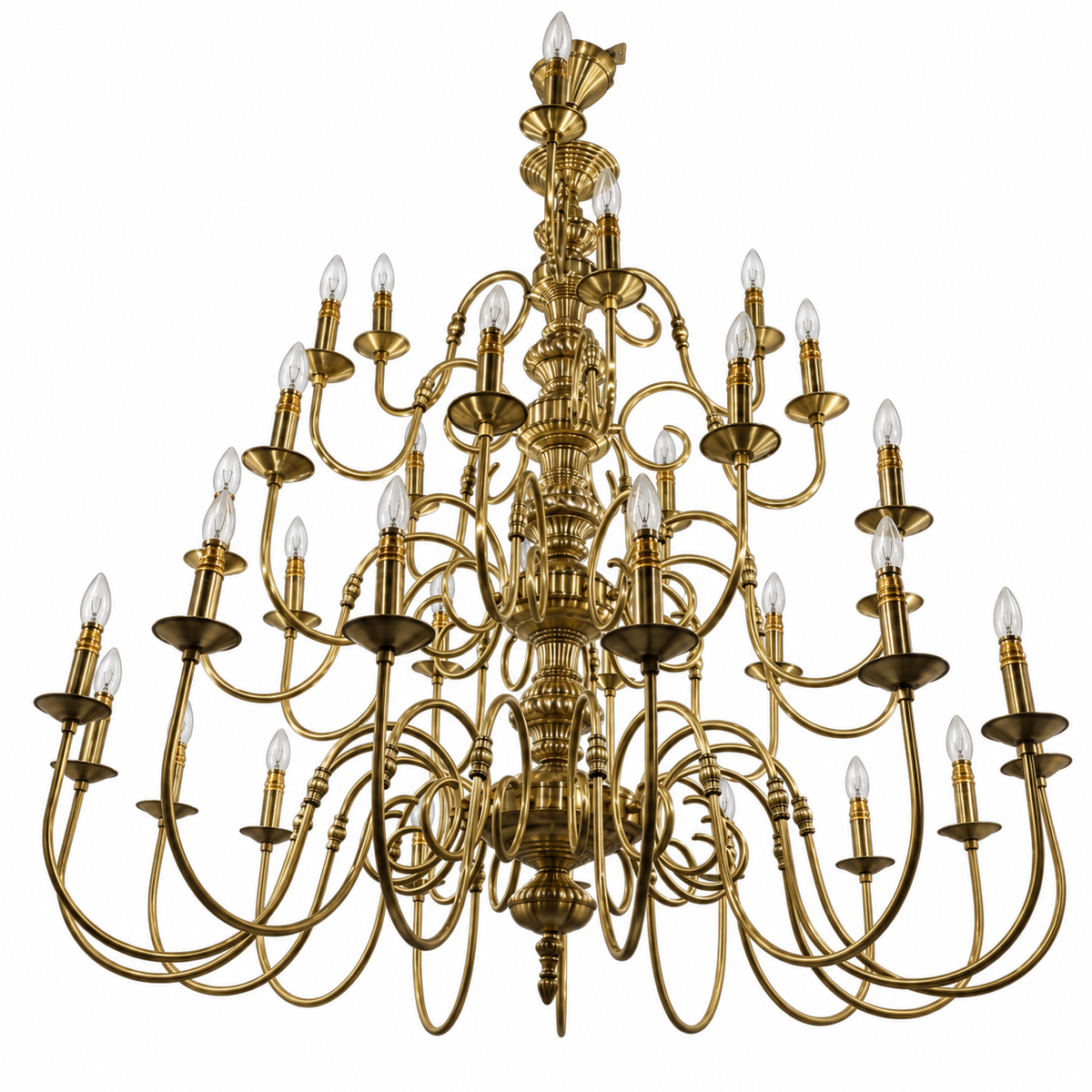 AN-ZH0007 Antique-Brass-Tone Scroll Chandelier shown unlit against a studio background.