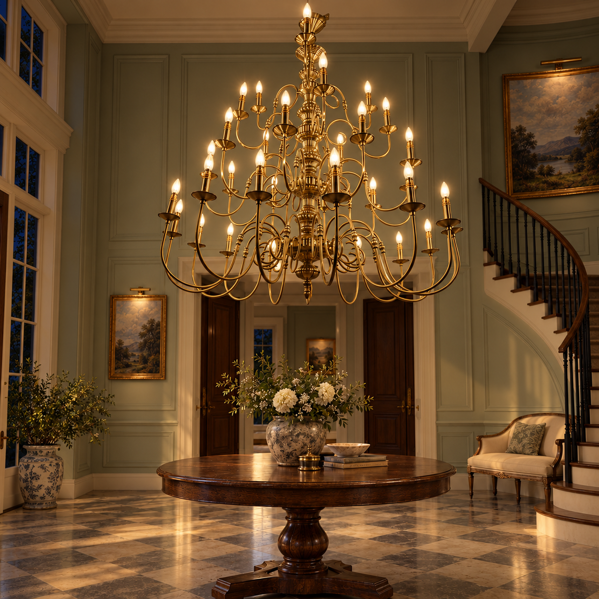 AN-ZH0007 Antique-Brass-Tone Scroll Chandelier illuminated in the matching evening interior.