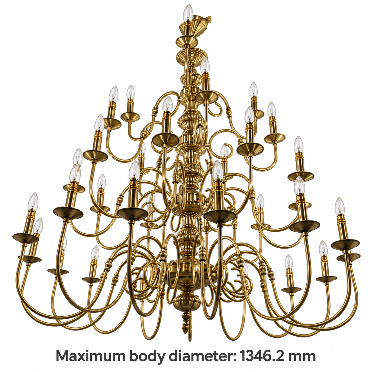 AN-ZH0007 Antique-Brass-Tone Scroll Chandelier dimension view. Maximum body diameter: 1346.2 mm.