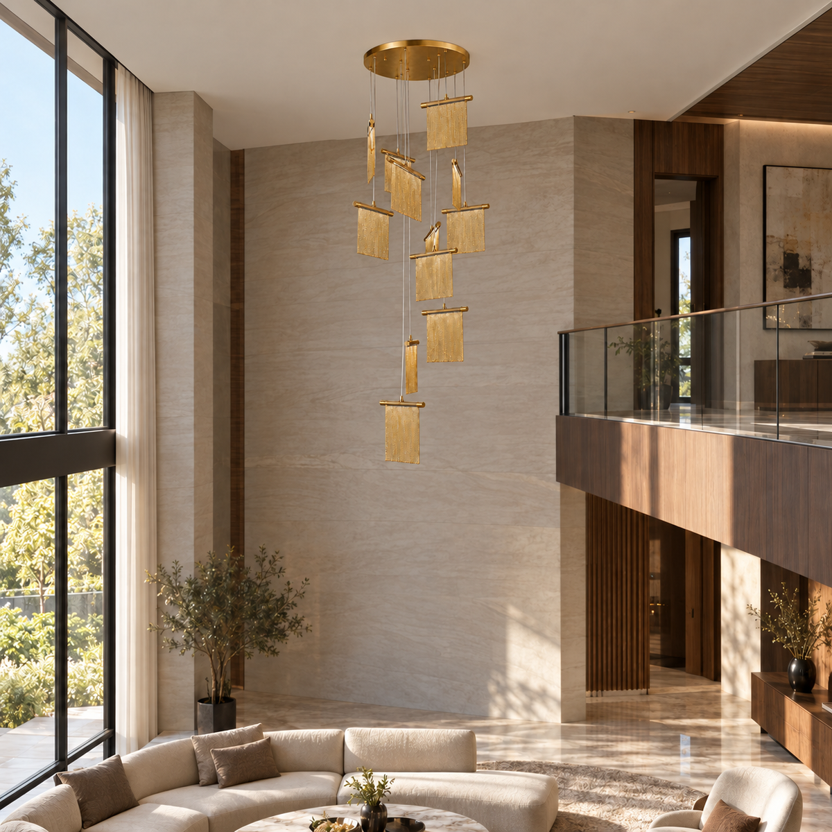 AOLP1056—12X3W-WW fringe-panel cascade pendant in a daylight interior.