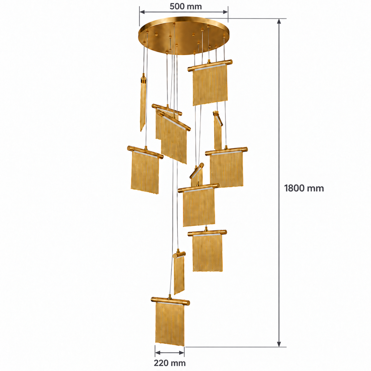 AOLP1056—12X3W-WW dimension view: Ceiling plate diameter: 500 mm; Fringe panel width: 220 mm; Total drop shown in dimension view: 1800 mm.