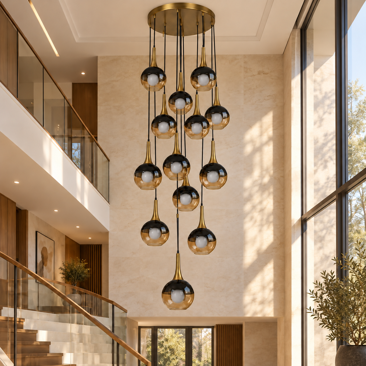 Amber Drop Cascade Chandelier — daytime interior view