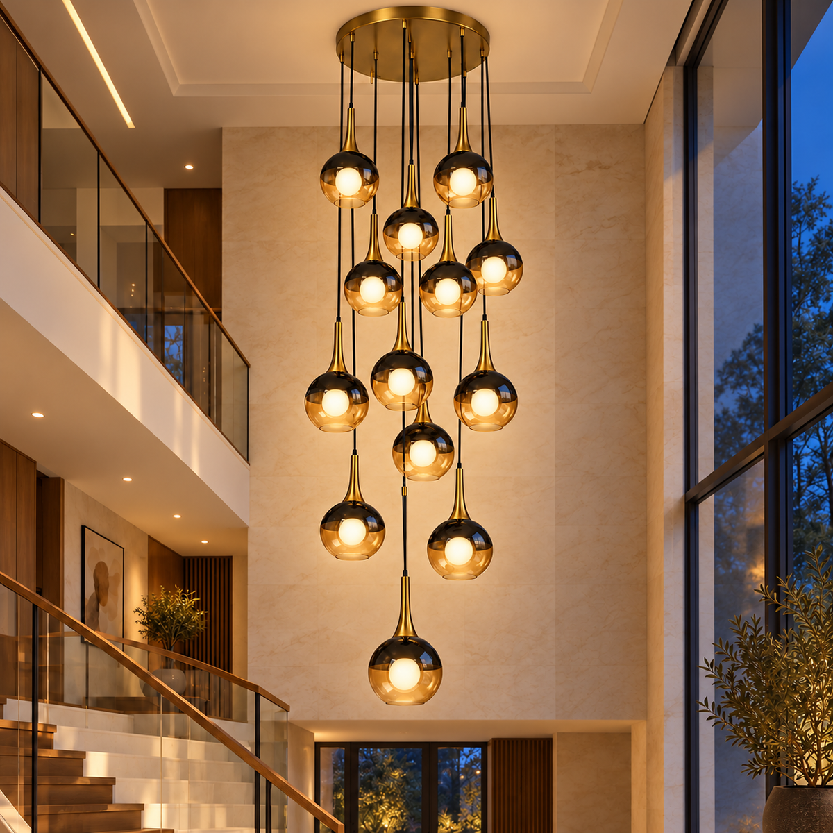 Amber Drop Cascade Chandelier — illuminated evening view