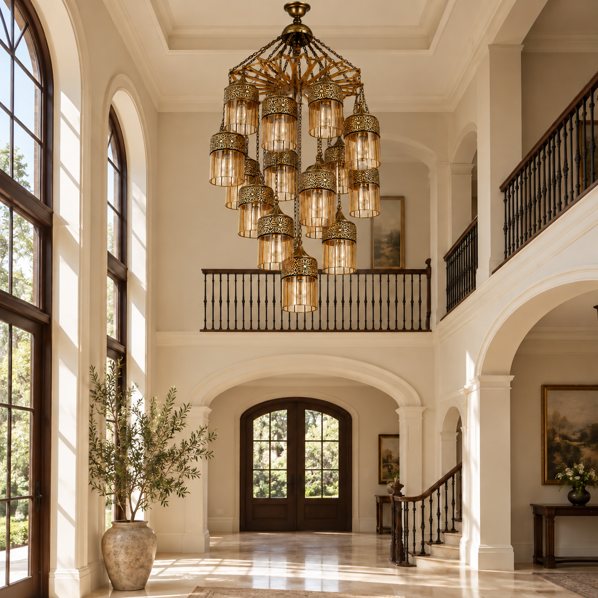 Amber Lantern Cascade Chandelier — daytime interior view