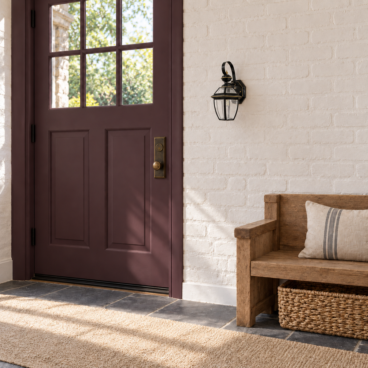 Black Scroll-Arm Clear Glass Lantern Wall Light beside an entrance door in daylight, switched off