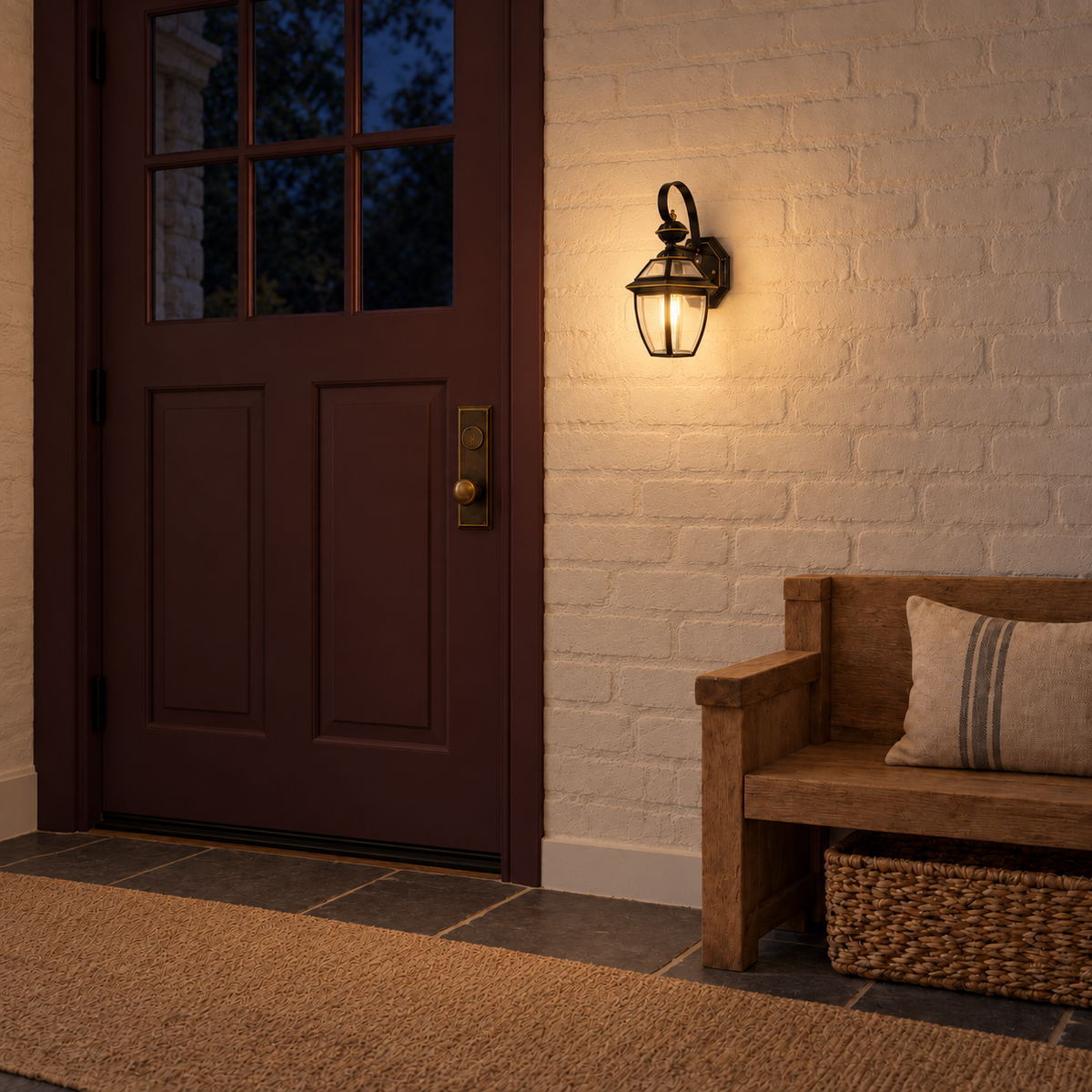 Black Scroll-Arm Clear Glass Lantern Wall Light beside an entrance door illuminated at night