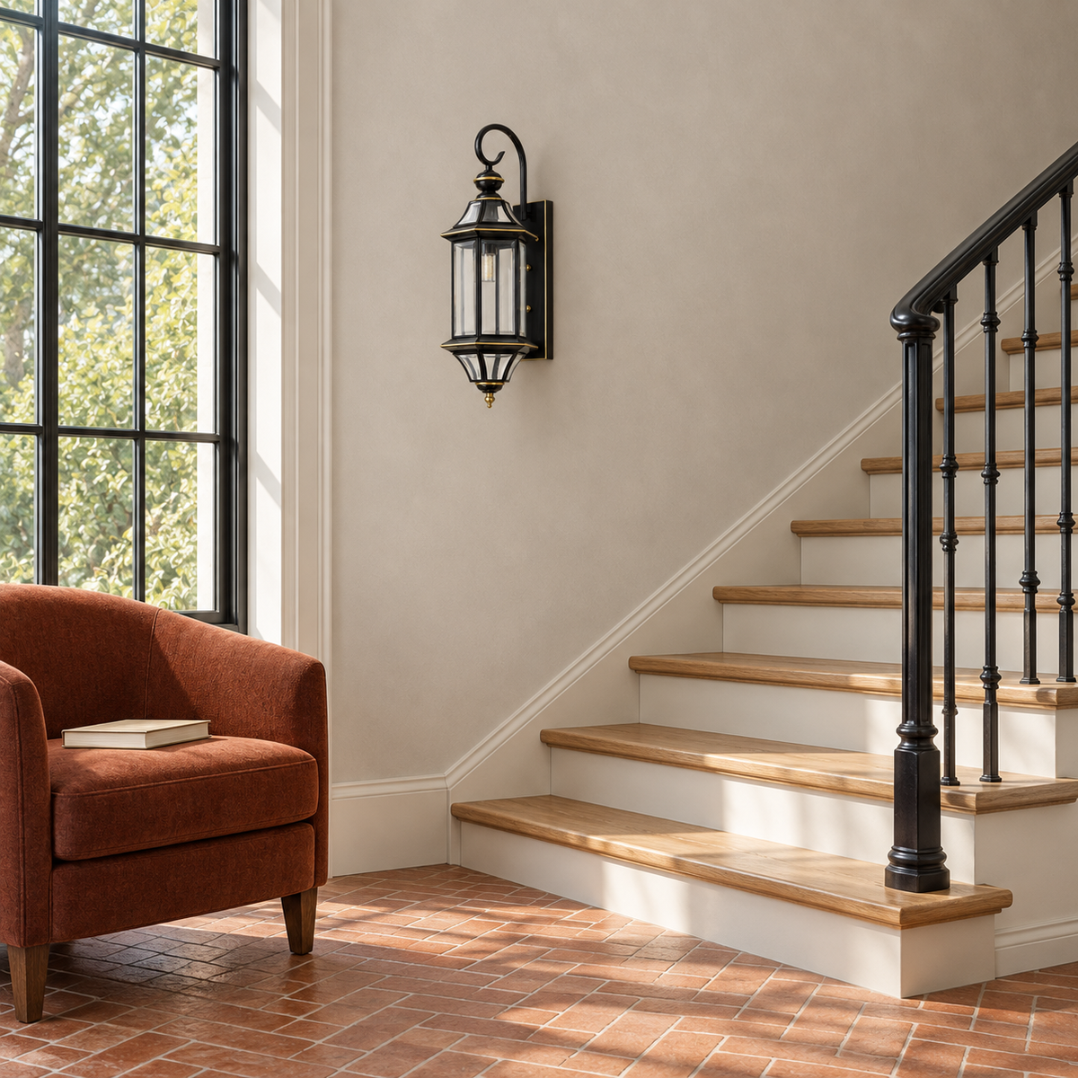 Tall Black Curled-Arm Glass Lantern Wall Light beside a staircase in daylight, switched off