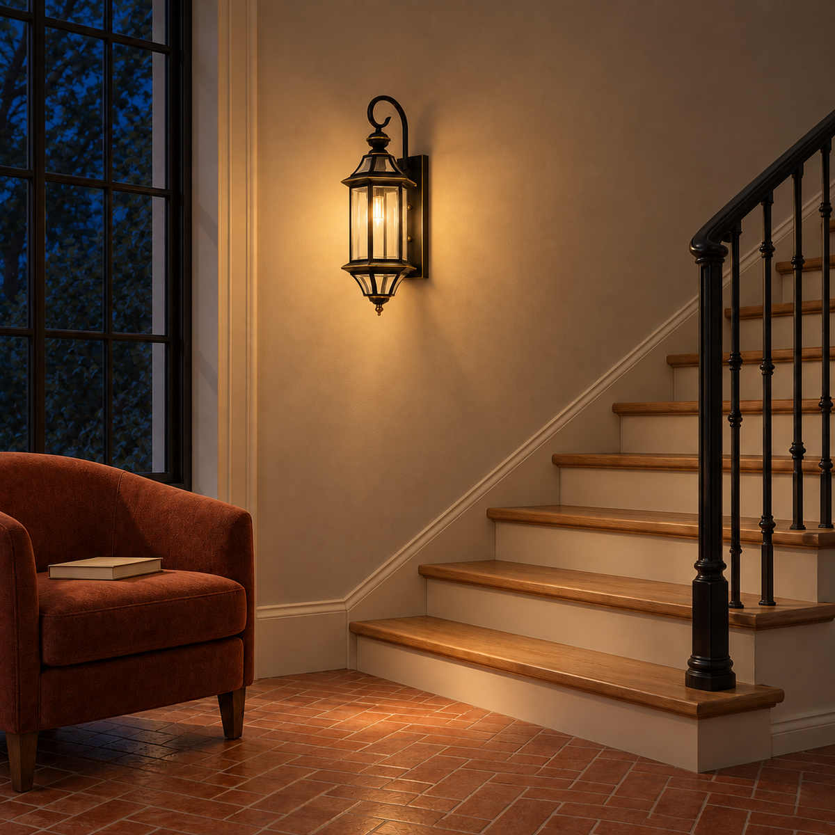 Tall Black Curled-Arm Glass Lantern Wall Light beside a staircase illuminated at night