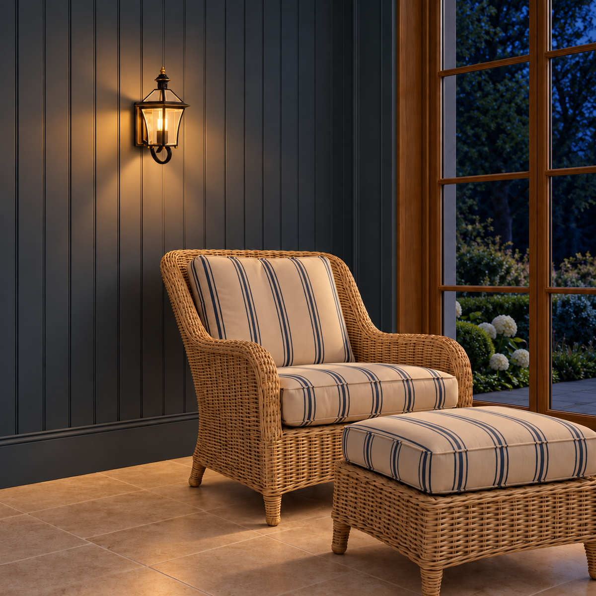 Black Loop-Base Glass Lantern Wall Light above a wicker armchair illuminated at night