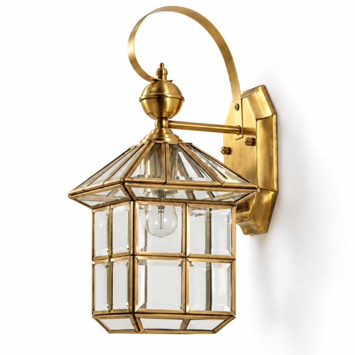Loop Arm Brass Glass Lantern Wall Light, switched off on a white studio background.
