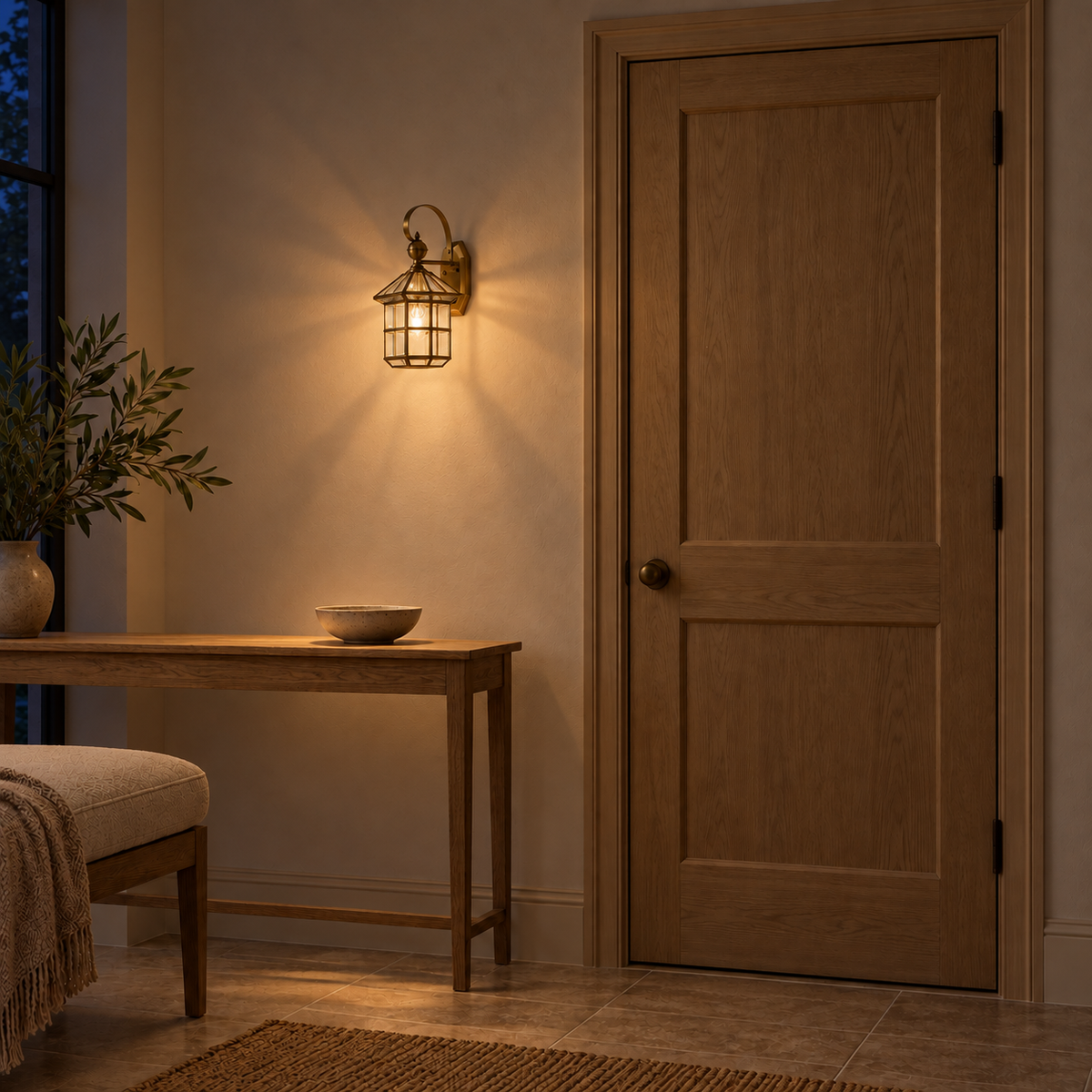 Loop Arm Brass Glass Lantern Wall Light, illuminated in a nighttime interior setting.