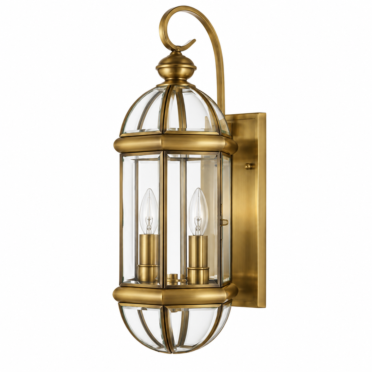 Brass cage lantern wall light with clear glass, twin candle-style holders and a curled upper arm, switched off against a white background