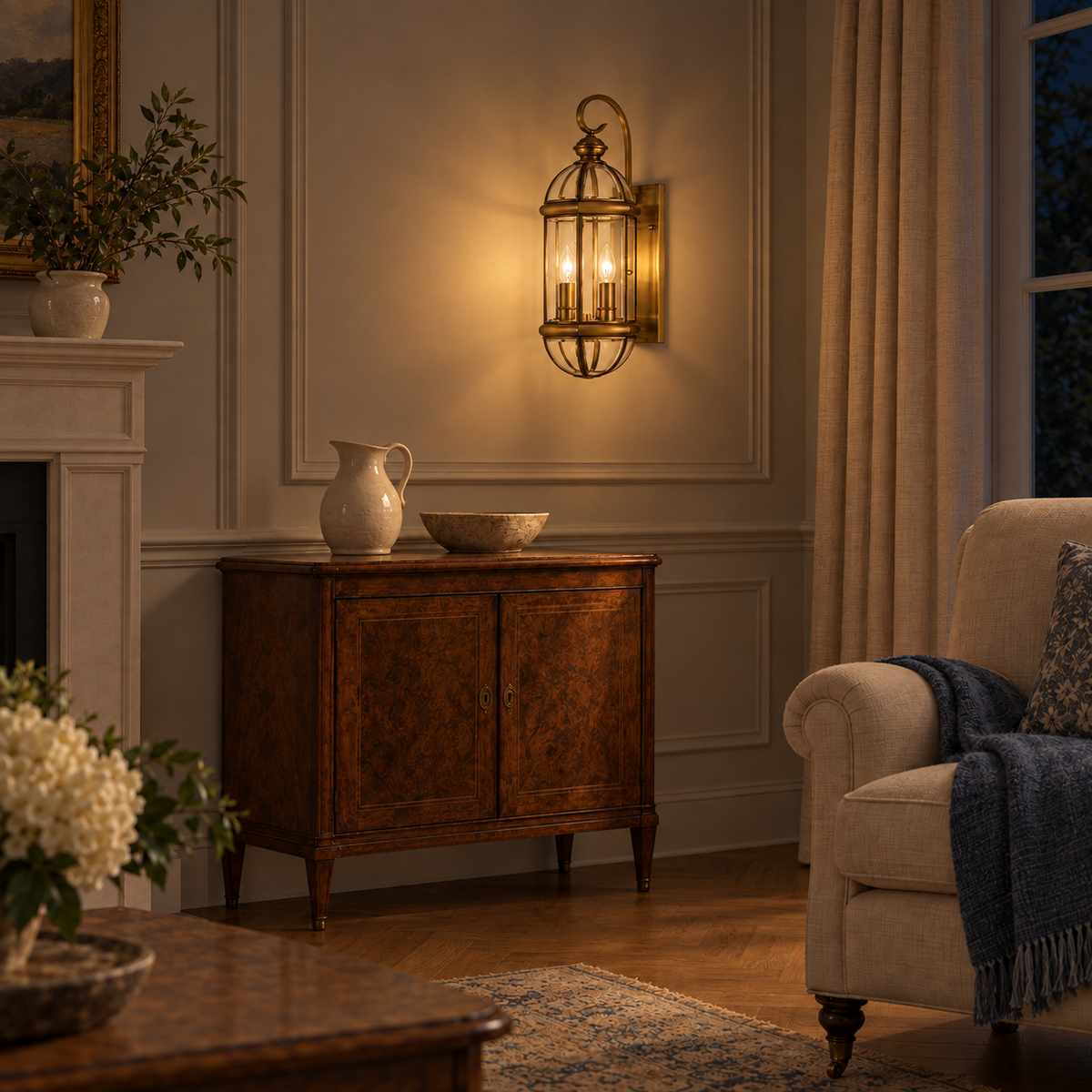 Twin Candle Brass Cage Wall Light above a wood console beside a pale upholstered sofa at night, illuminated