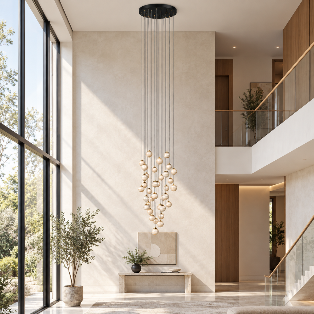 Banded Globe Cascade Chandelier — daytime interior view