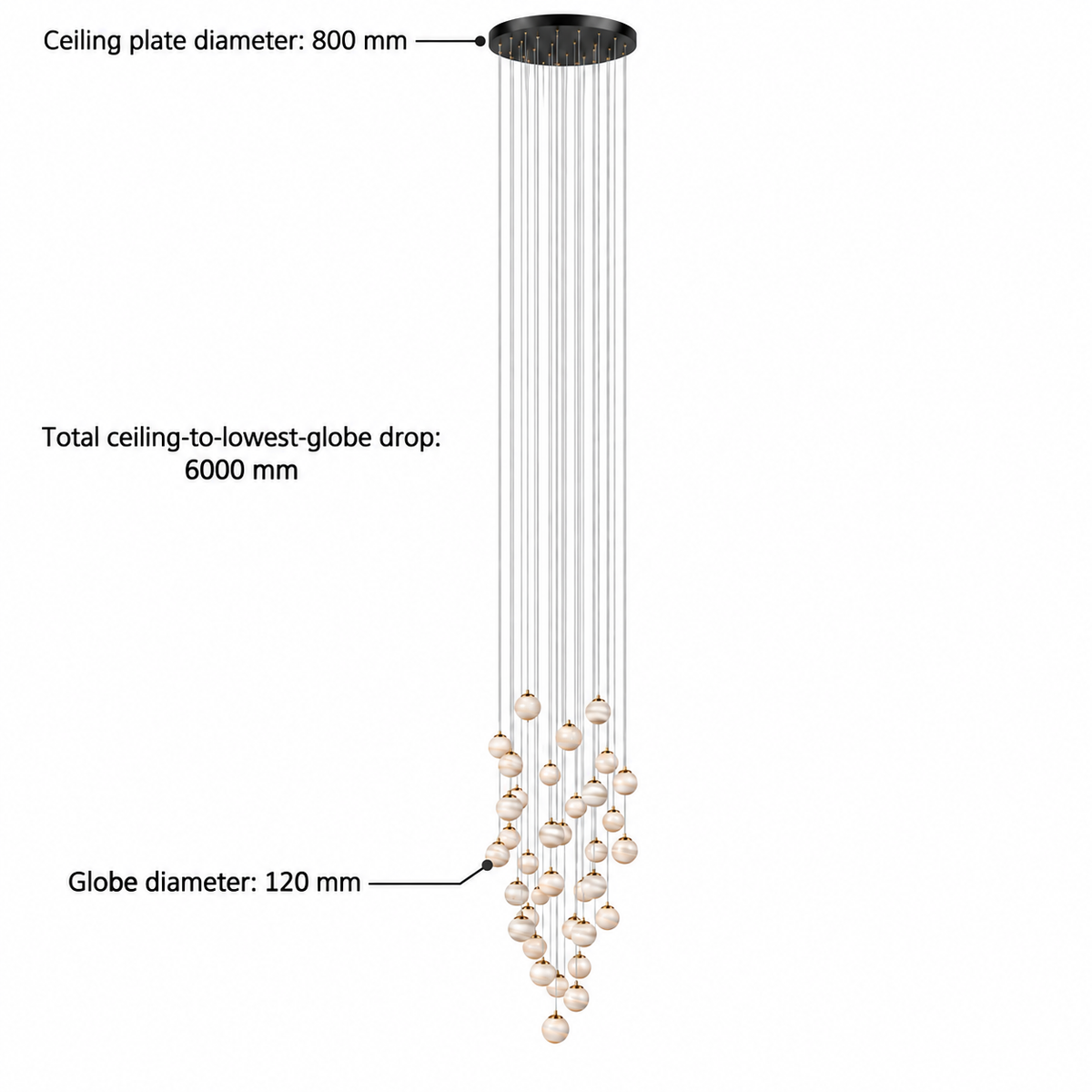 Banded Globe Cascade Chandelier — dimension guide