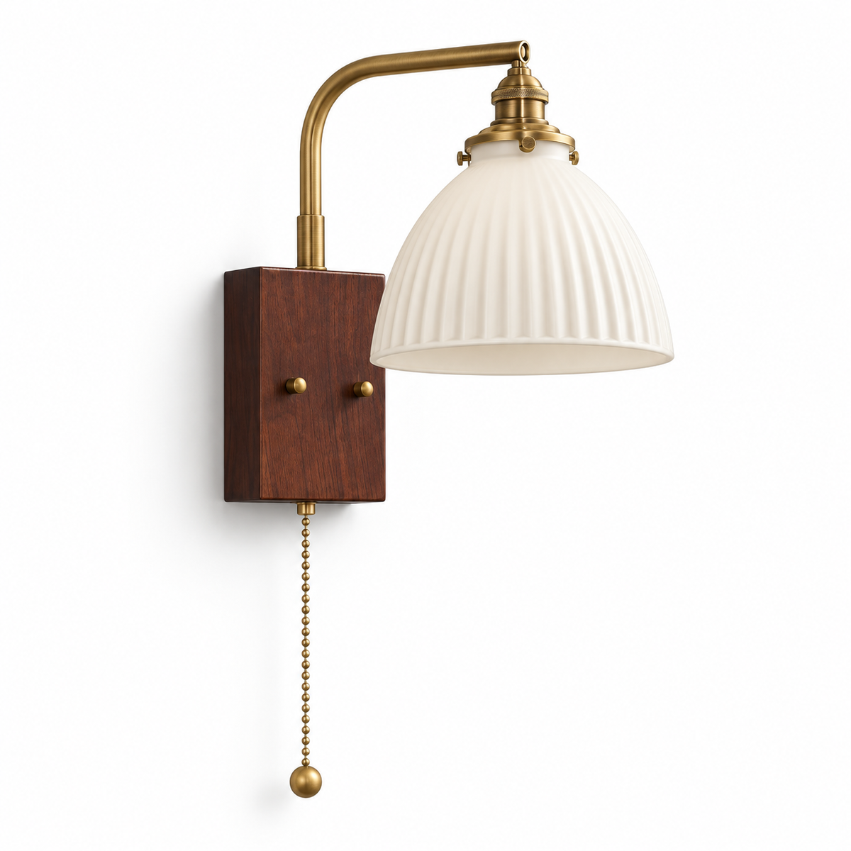 Fluted Glass Bell and Wood Wall Light with a white fluted bell shade, curved gold-tone arm, dark wood plate and pull chain, shown switched off against a white background