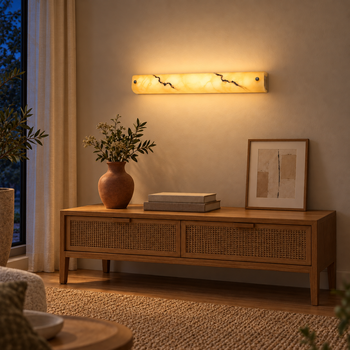 Cream Stone-Pattern 3-Lamp Picture Light, 480 mm illuminated in the same residential interior at night