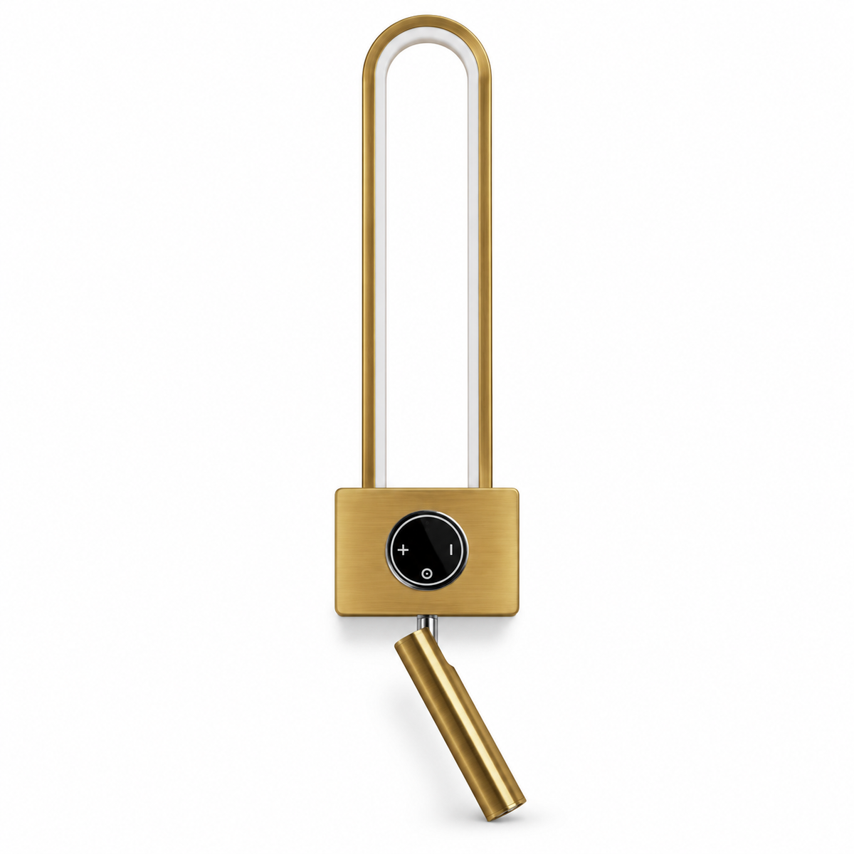 Gold-toned capsule-loop wall light with square control plate, black circular control and angled reading head, switched off against a white studio background.