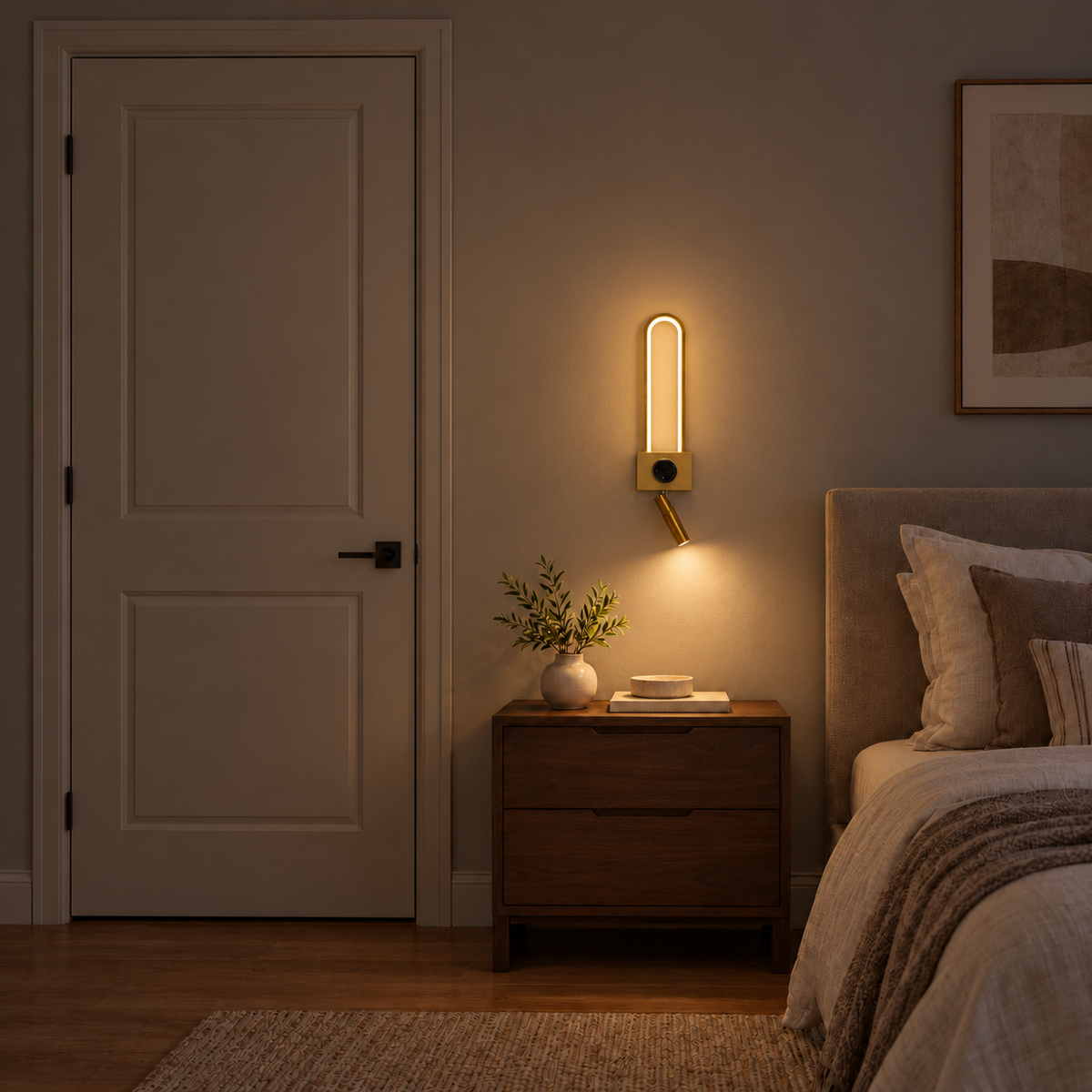 Gold-toned capsule-loop wall light with square control plate, black circular control and angled reading head, illuminated in an interior setting at night.