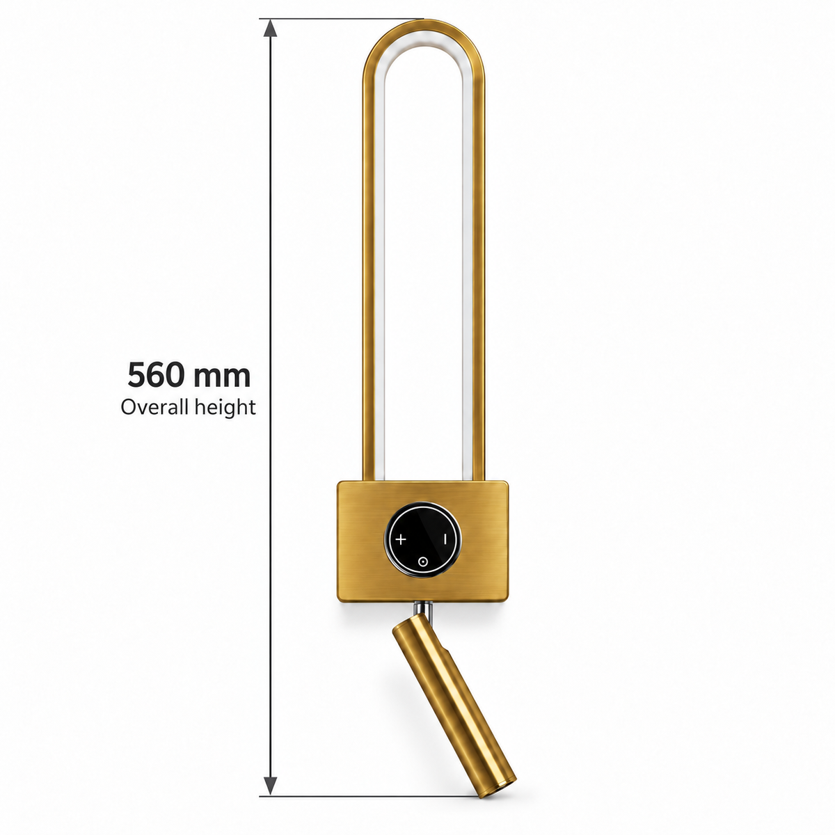 Gold-toned capsule-loop wall light with square control plate, black circular control and angled reading head dimension diagram showing 560 mm overall height.