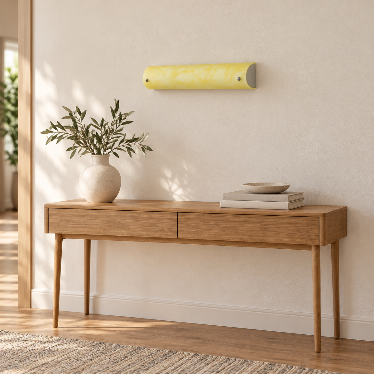 Cream Curved 2-Lamp Picture Light, 380 mm installed in a residential interior in daylight, light off